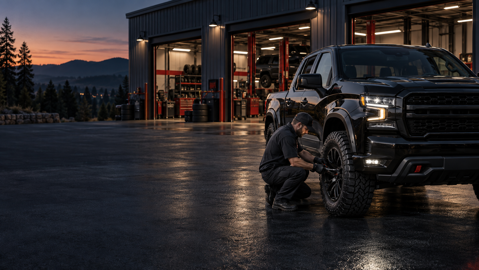 Mechanic servicing an all-terrain tire on a pickup truck